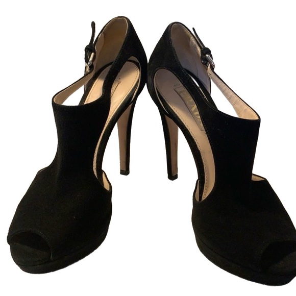 Prada Platform Peep Toe Black Suede Heels - Picture 2 of 4